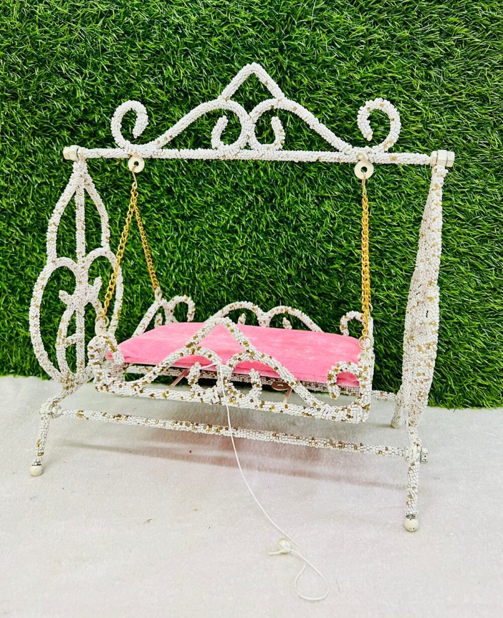 Metal Pearl Jhula for Laddu Gopal – Red | Decorative Bal Gopal Swing for Janmashtami & Pooja - Image 3