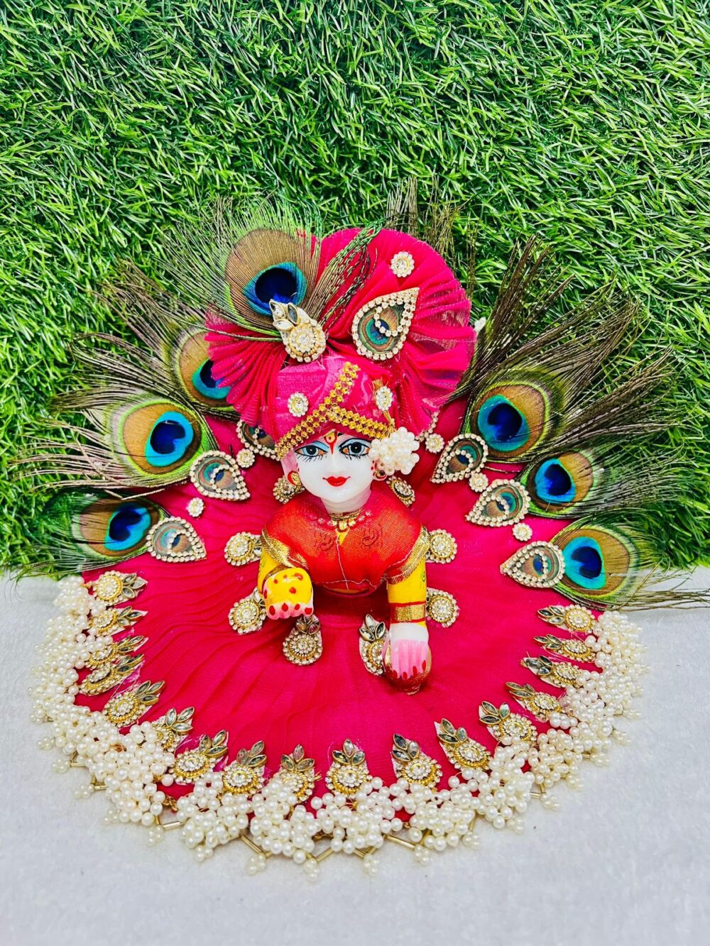 Ladoo Gopal Peacock Feather Beads Dress – Red | Decorative Krishna Dress for Bal Gopal