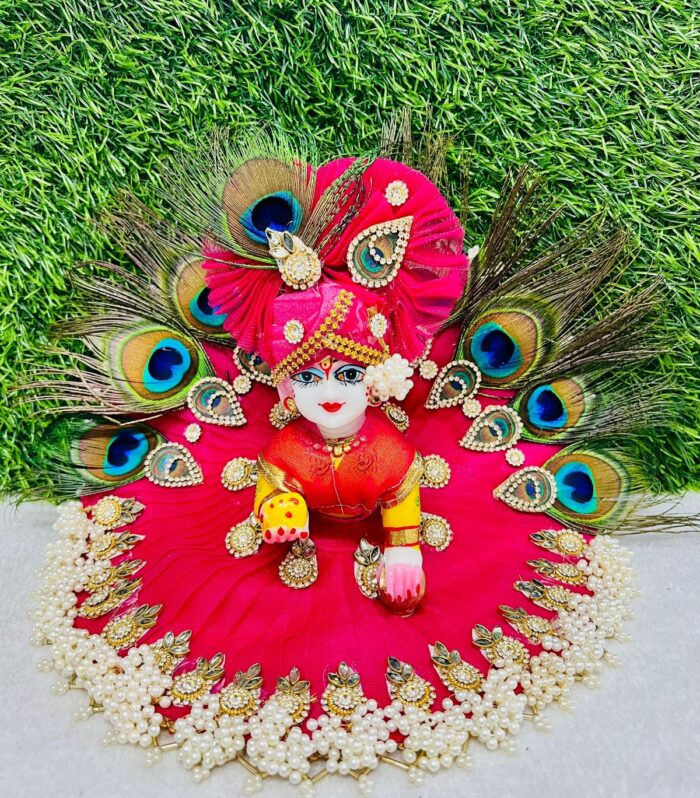 Ladoo Gopal Peacock Feather Beads Dress – Red | Decorative Krishna Dress for Bal Gopal