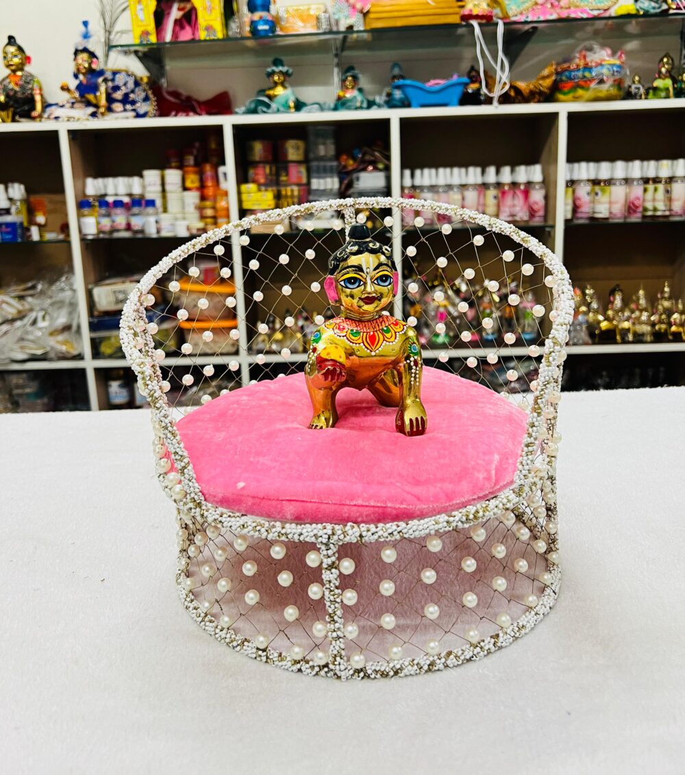 Pearl Shingasan for Laddu Gopal – White & Pink | Decorative Swing for Krishna Idol