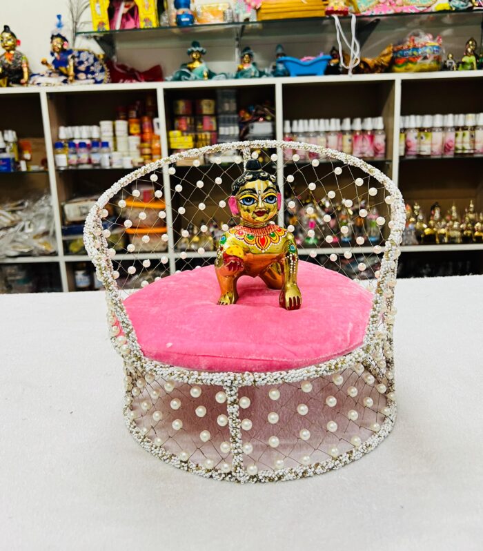 Pearl Shingasan for Laddu Gopal – White & Pink | Decorative Swing for Krishna Idol